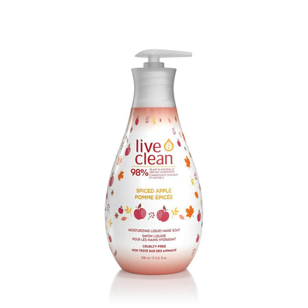Bottle of Live Clean Spiced Apple hand soap on a white background