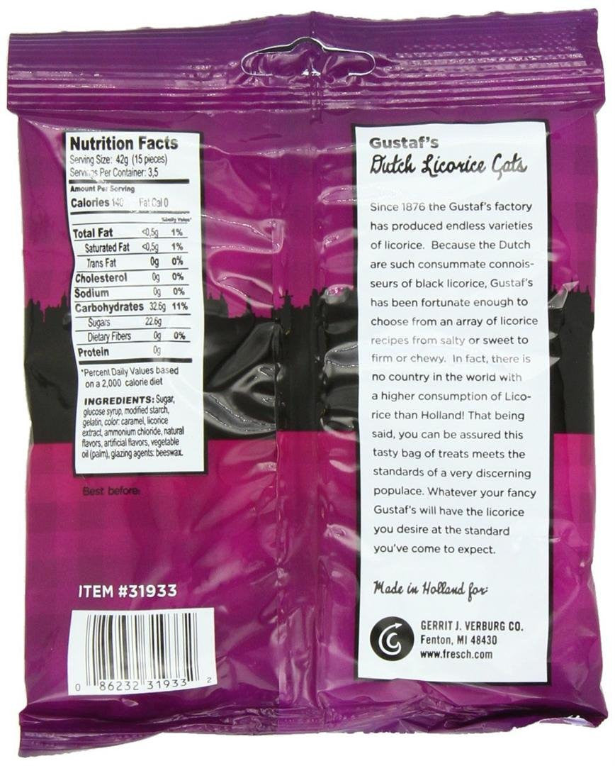 Gustaf's Traditional Dutch Licorice Cats, 150g/5.2 oz Retail Bag, {Imported from Canada}