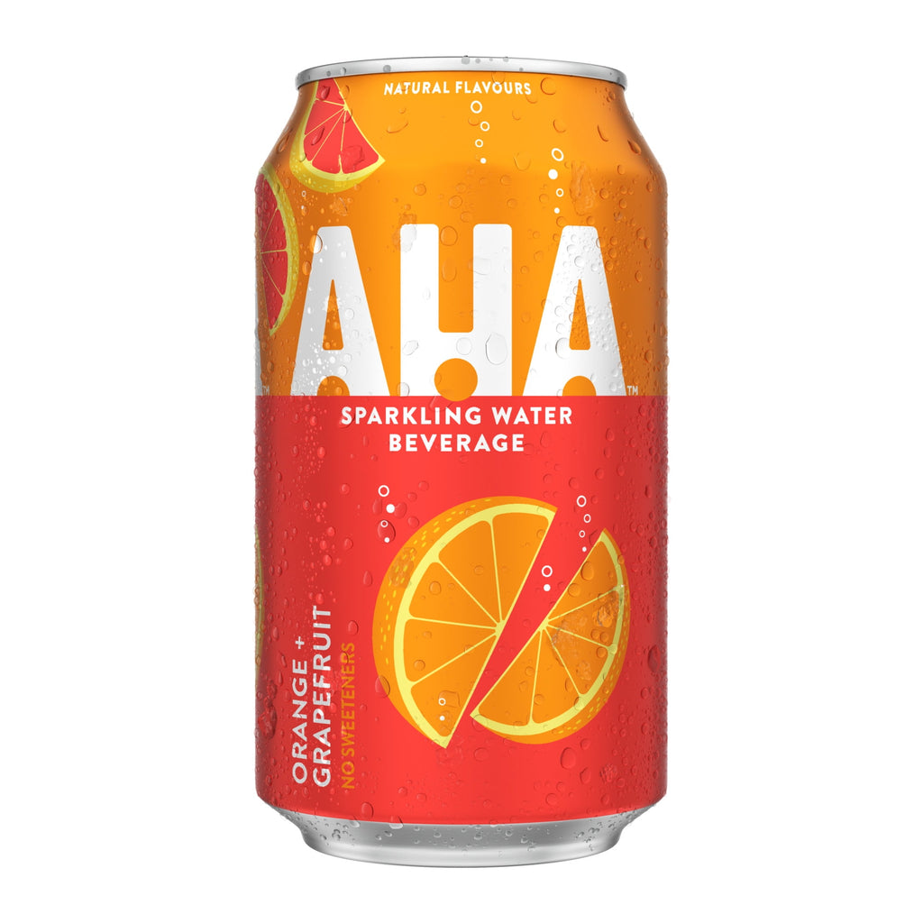 Can of AHA sparkling water beverage with orange and grapefruit design on a white background
