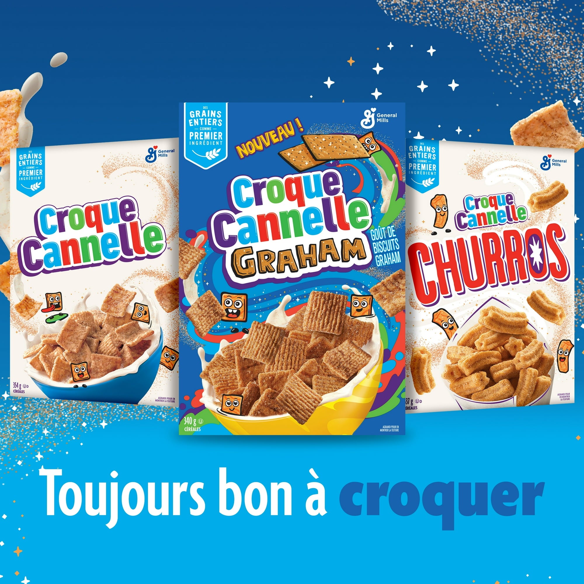 Three cereal packages from Croque Cannelle on a blue background with text.