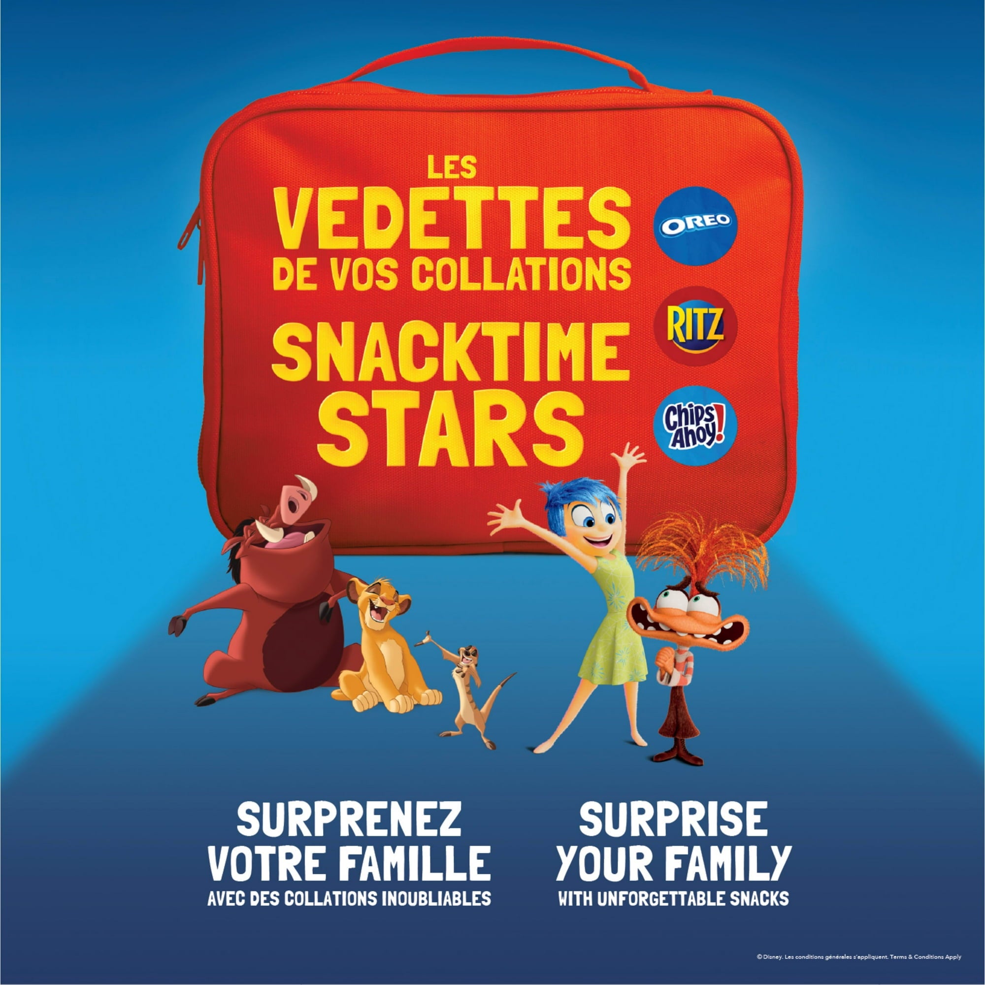 Red snack bag with cartoon characters and snack brand logos on a blue background