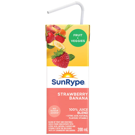 SunRype Strawberry Banana Juice Boxes Perfect for On-The-Go, 5x200ml, 1L/33.8 fl. oz. - Front Of One Juice Box