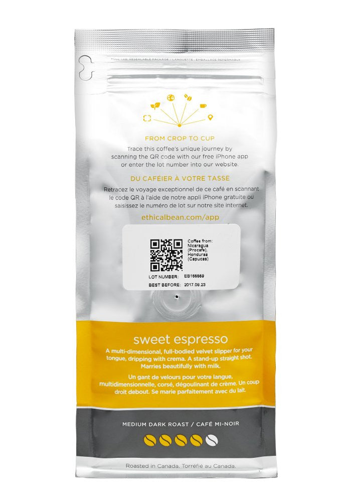 Ethical Bean Coffee Sweet Espresso: Medium Dark Roast Whole Bean, 340g/12oz. (6 pack)