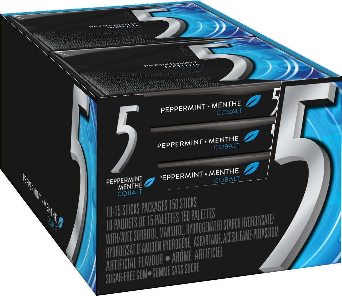Wrigley 5 Cobalt-Cooling Peppermint Gum, 10ct/150 sticks total, (Imported from Canada)