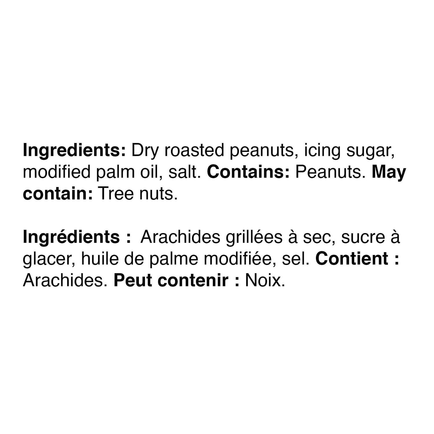 Ingredients list for Great Value Smooth Peanut Butter - 500g with allergen warning on a white background