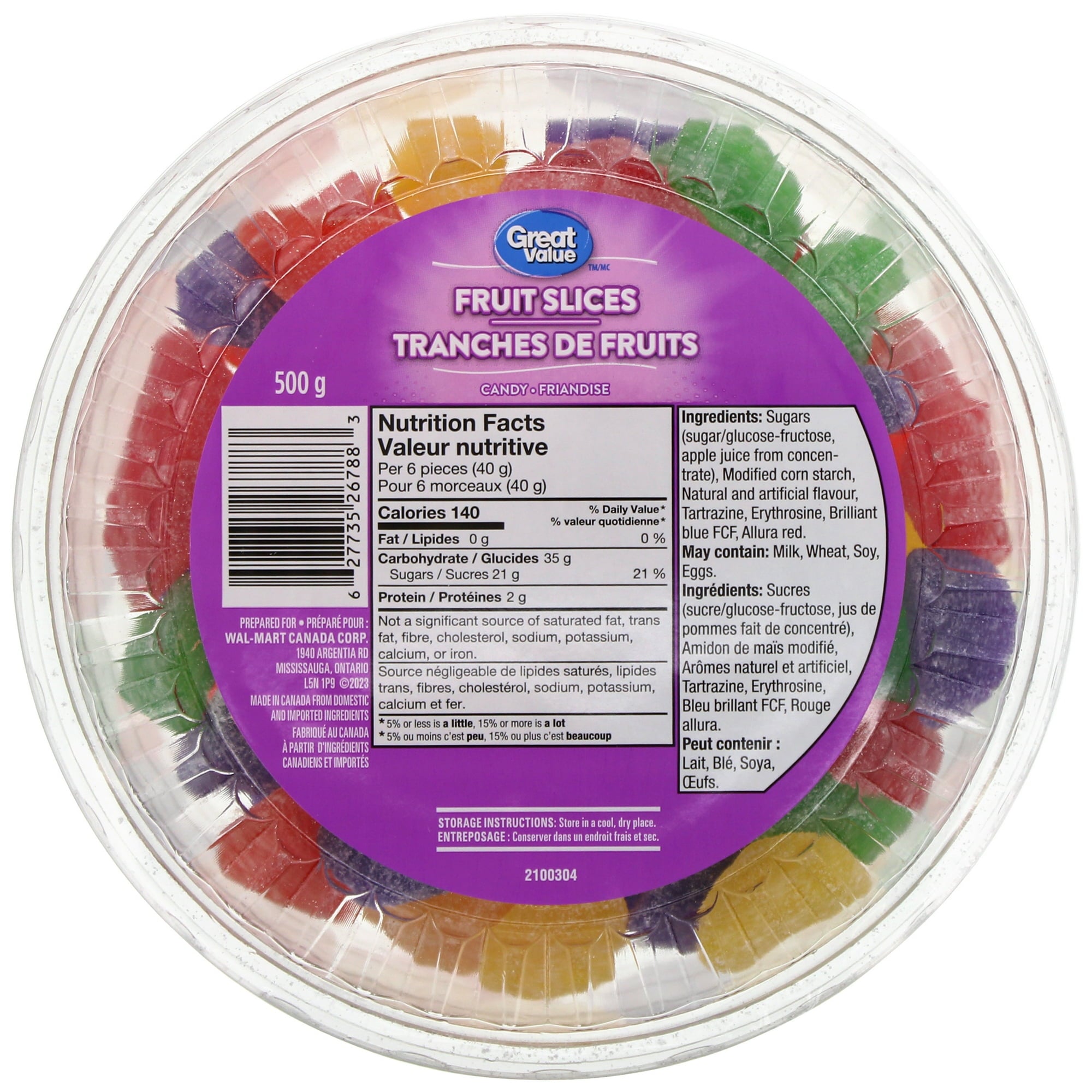 Great Value Fruit Slices Candy, 500g/1.1 lb., Tub, front of tub.