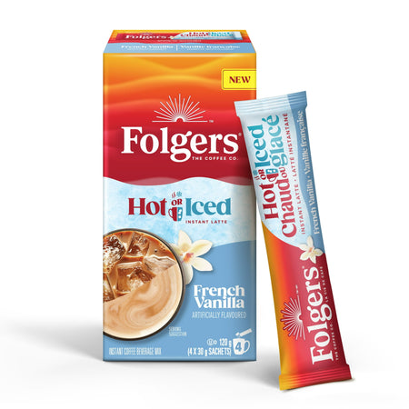 Folgers Hot Or Cold Instant Latte, French Vanilla Flavored, 4 Packets, 120g packaging on a white background