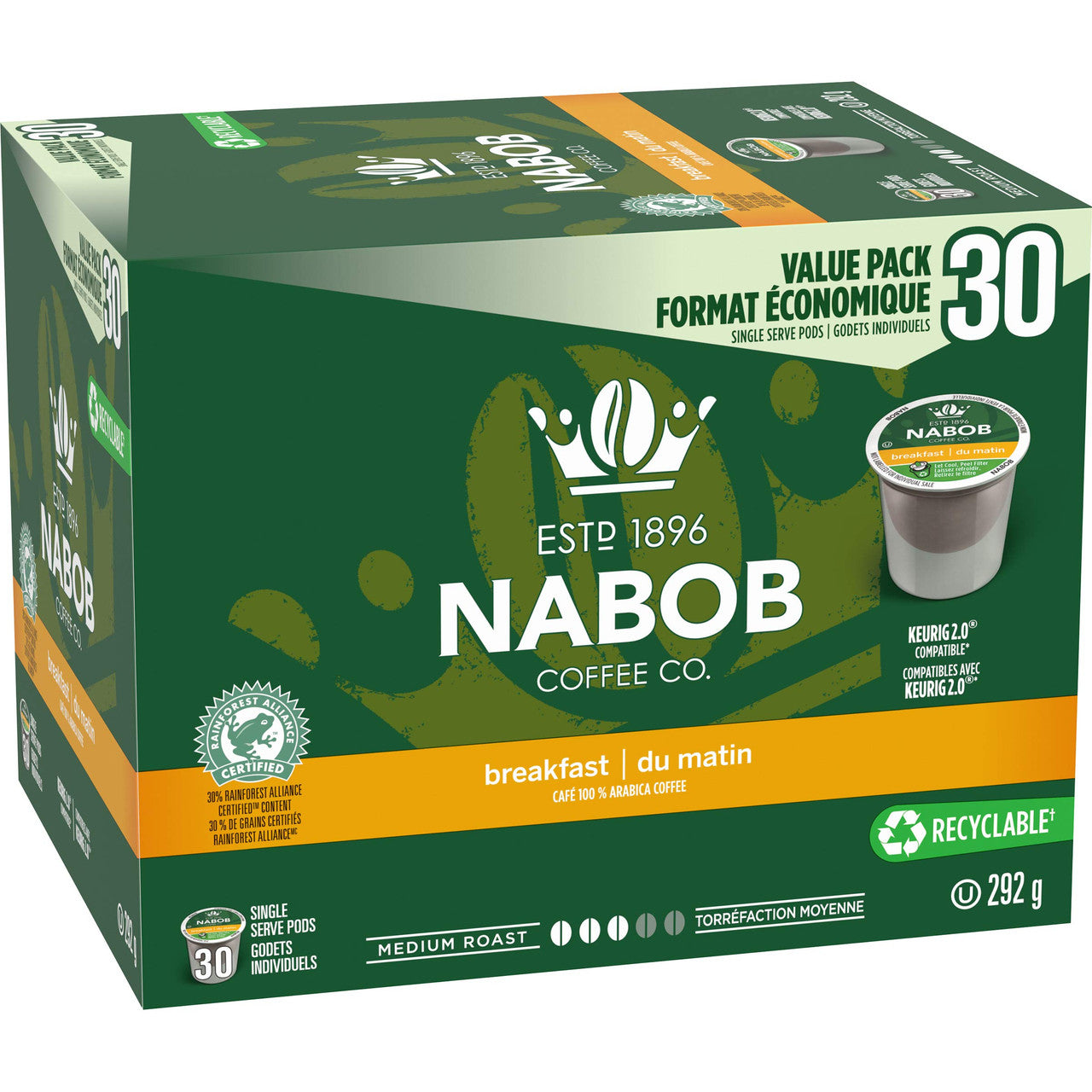 Nabob Breakfast Blend Coffee, medium roast, Single Serve K-Cup Pods for Keurig Brewers, 30 Count {Imported from Canada}