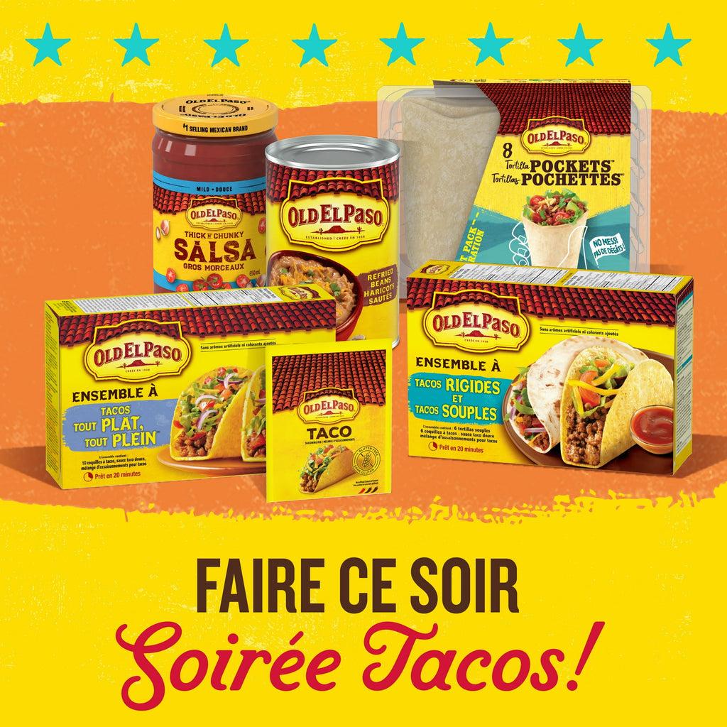 Old El Paso taco kit packaging on a colorful background with text 'FAIRE CE SOIR Soirée Tacos!'.