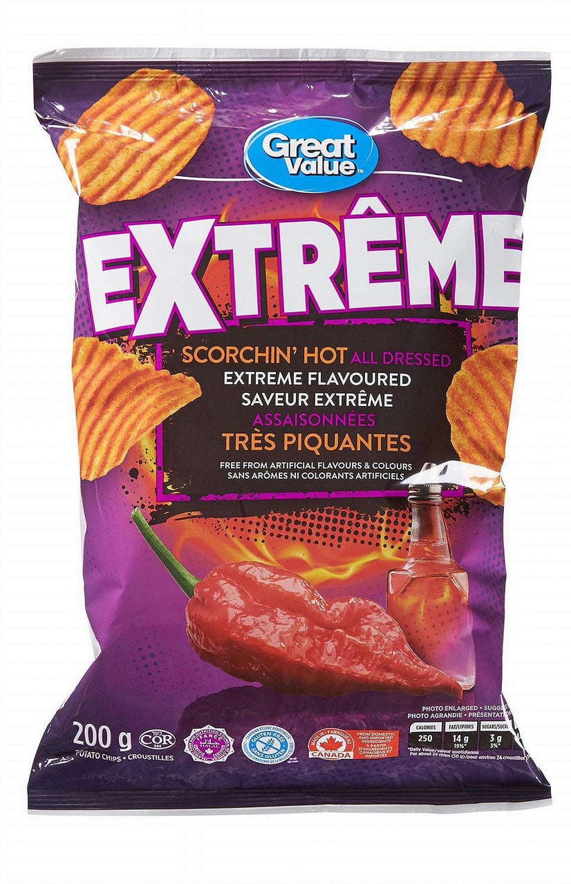 Great Value, Gluten Free, Scorchin’ Hot All Dressed Extreme Flavoured Rippled Chips, 200g/7oz. (Imported from Canada)