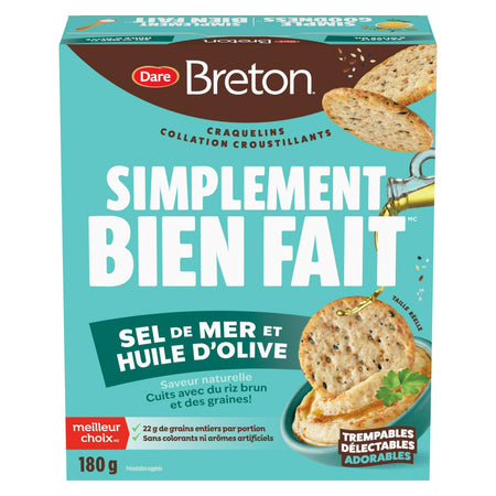Box of Dare Breton Simple Goodness Sea Salt & Olive Oil Crackers, Vegetarian Snack, 180g/6.3 oz with a blue background and images of crackers.
