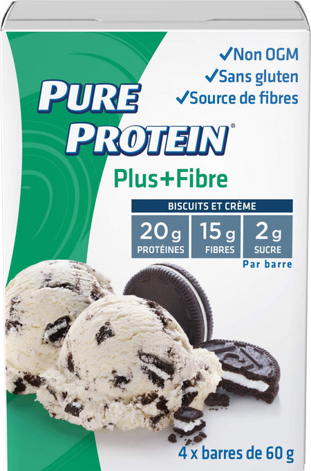 Pure Protein Plus Fibre Bars, Gluten Free, Cookies n' Cream, 60g, 4ct,{Imported from Canada}