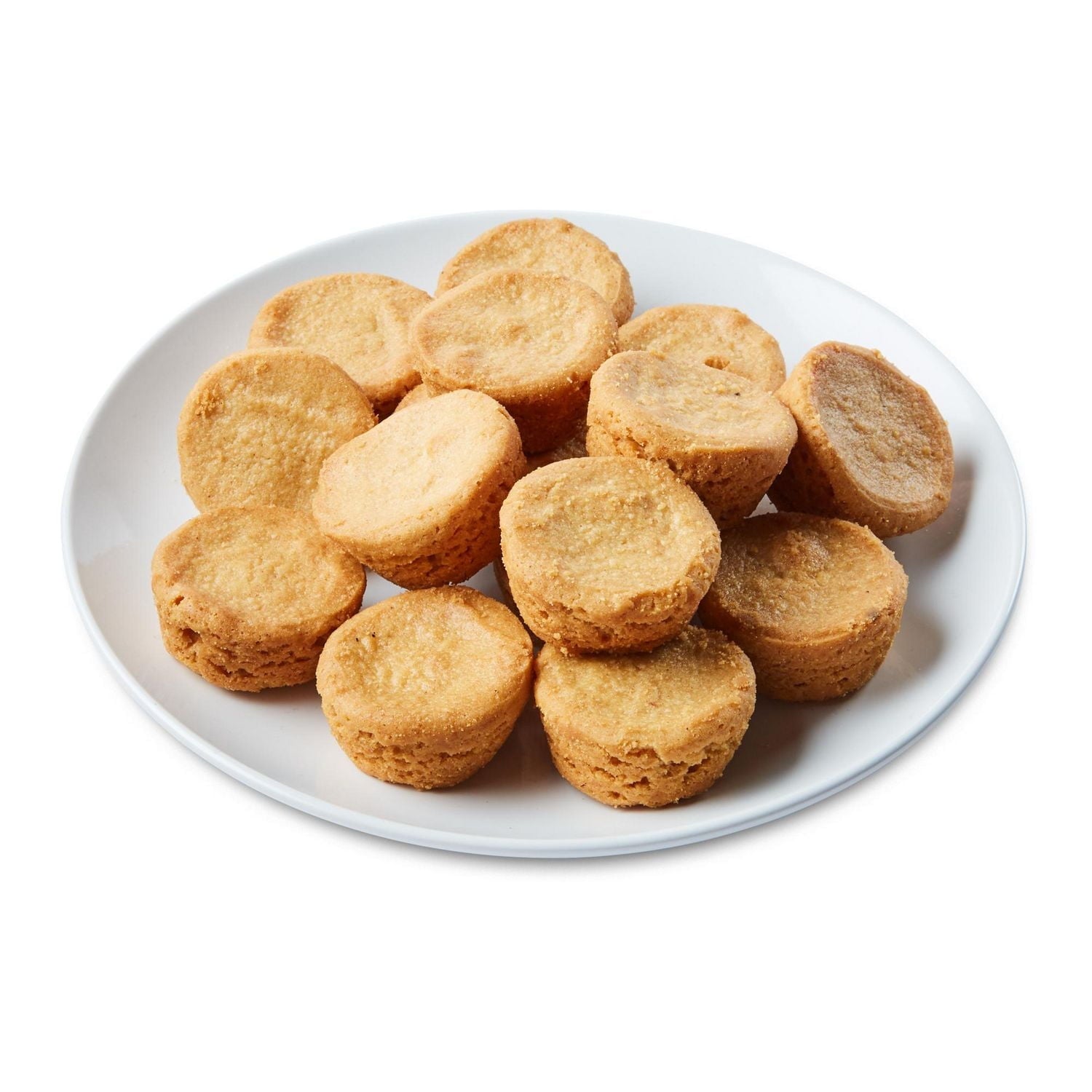 White plate with a pile of Two-Bite Pumpkin Spice Bites on a white background