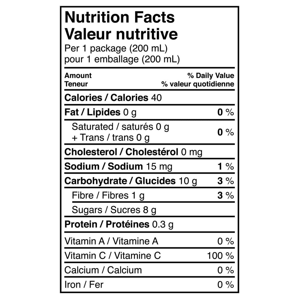 Minute Maid Peach Mango Juice Boxes, 60% Less Sugar, Perfect for On-The-Go, 8x200ml, 1.6L/56.4 fl. oz - Nutrition Facts Label