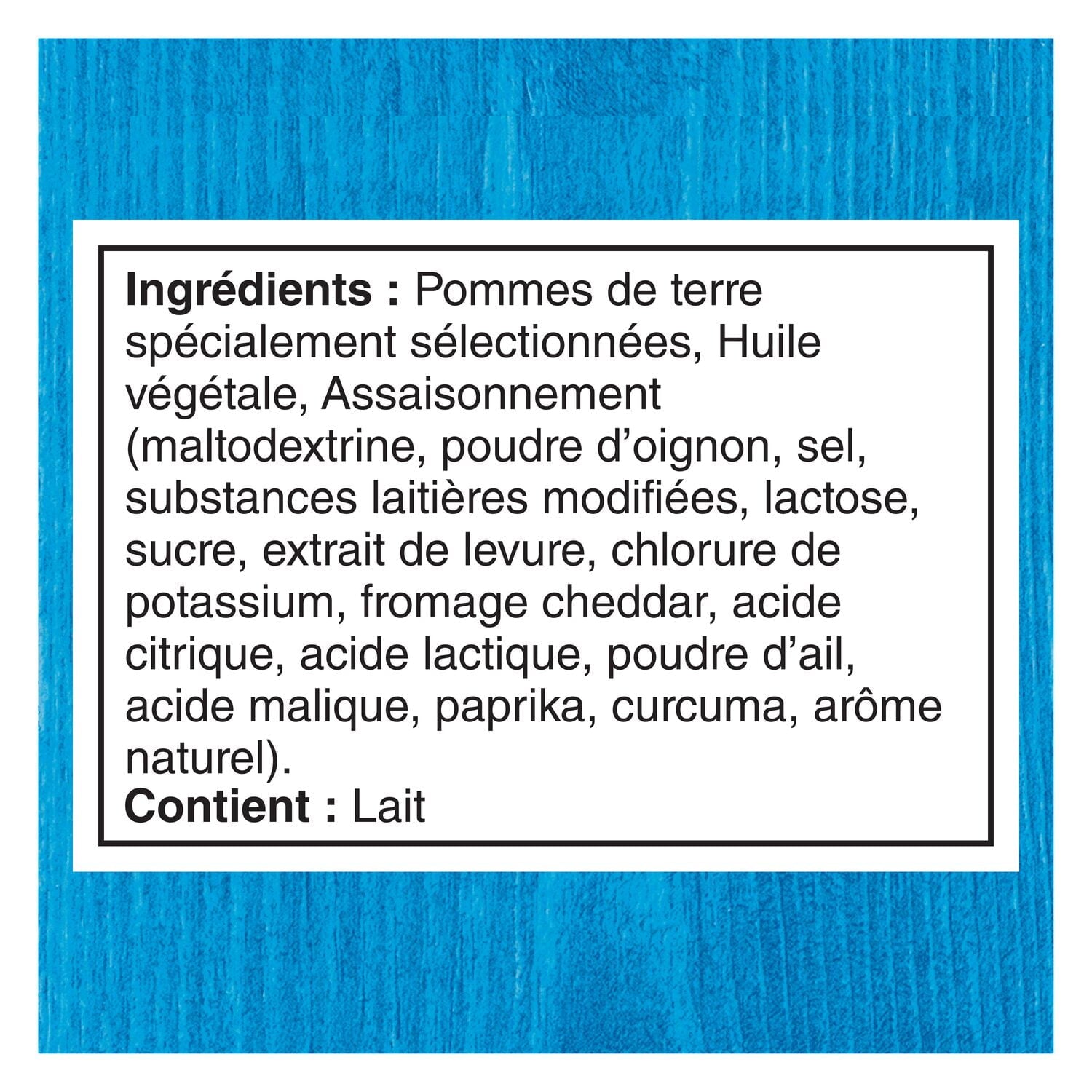 Ingredients list in French for Lay's Cheese & Onion Flavored Potato Chips, 20g on a blue background