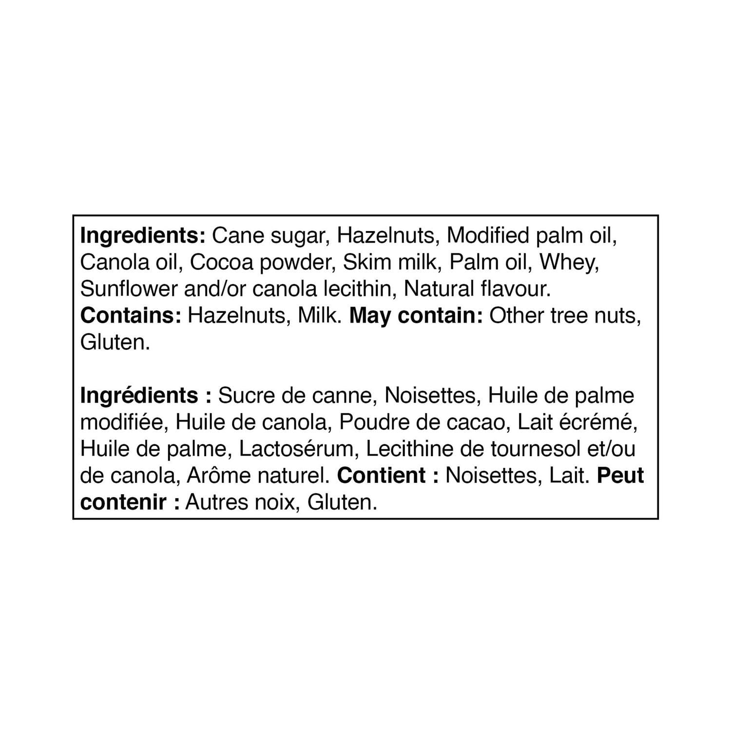 Great Value Hazelnut Spread with Cocoa, 375g/13.2 oz - Ingredients list with allergen warnings on a white background