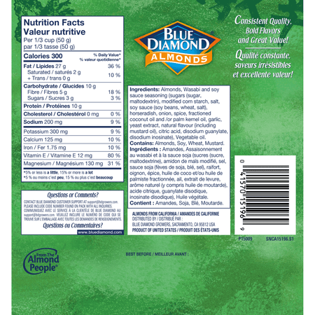 Back of a Blue Diamond Almonds package with nutrition facts, ingredients list, and branding.