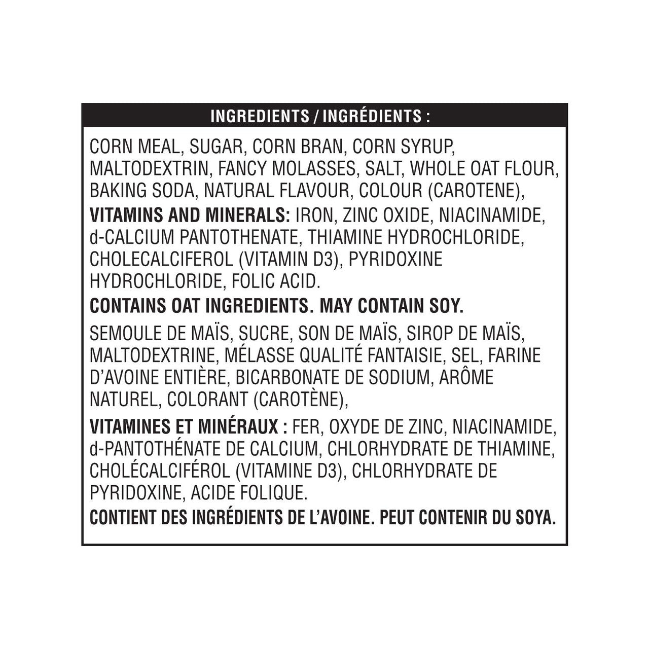 Ingredients list for Kellogg's Corn Pops Cereal 300g/10.5 oz on a white background