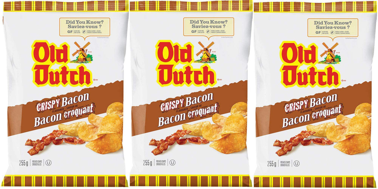 Old Dutch Crispy Bacon Flavoured Potato Chips 255g - 3 X Large Bags {Imported from Canada} (3-Pack)