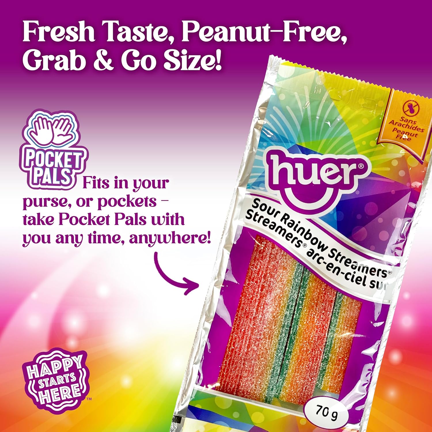 Huer Sour Rainbow Steamers Gummy Candy, 70g/2.5 oz., sour rainbow streamers label.