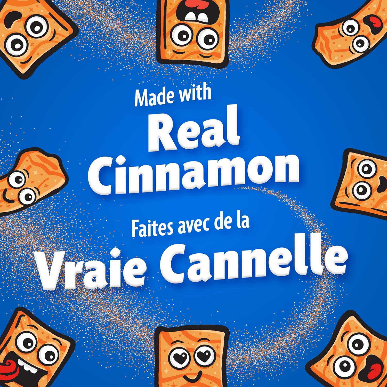 Cartoon cinnamon sticks with faces on a blue background and text about real cinnamon.