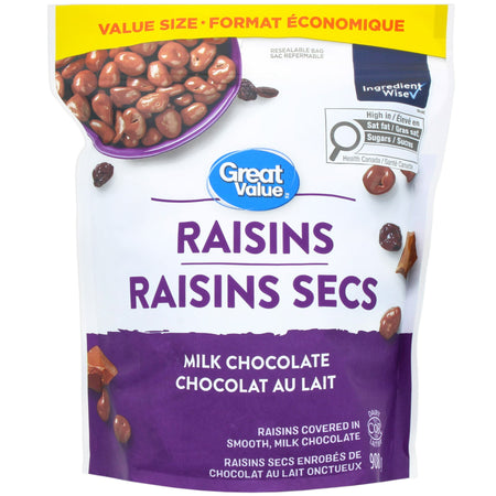 Great Value Milk Chocolate Covered Raisins, 908g packaging on a white background