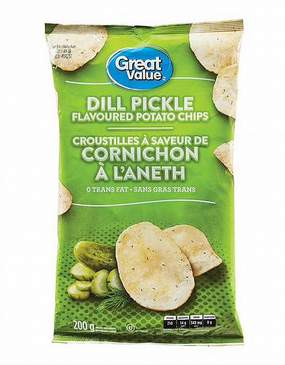Great Value Dill Pickle Flavoured Potato Chips One Large Bag, 200g/7.1 oz., Imported from Canada)