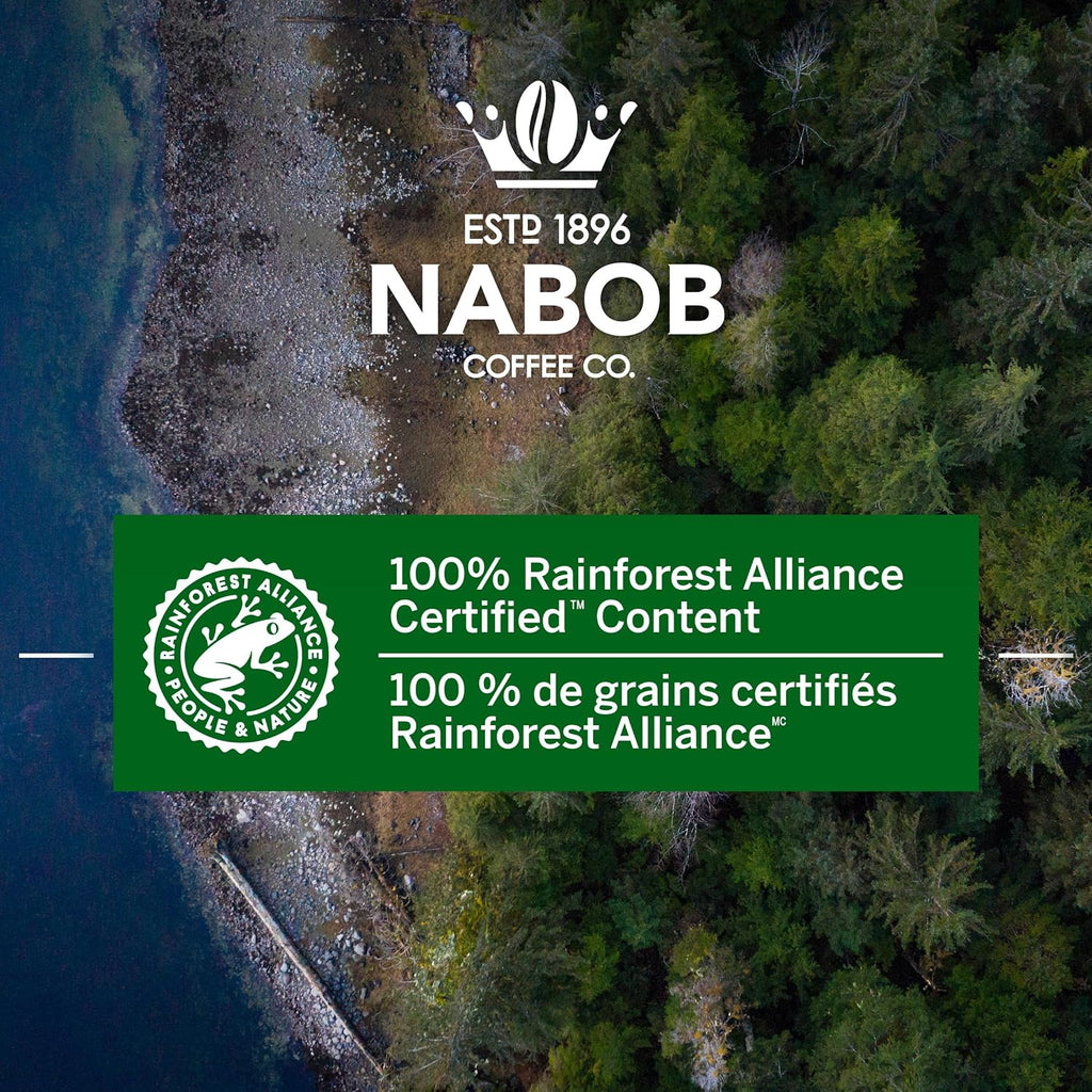 100% Rainforest Alliance Certified label of Nabob 1896 Tradition Medium Roast Ground Coffee, 340g/12 oz., Box