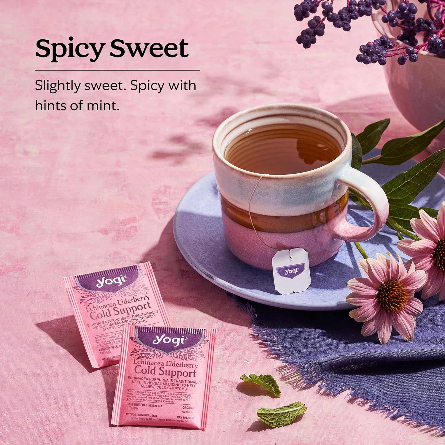 Yogi Echinacea Elderberry Cold Support Herbal Tea, 16 Bags, 24g/0.8 oz. - Prepared