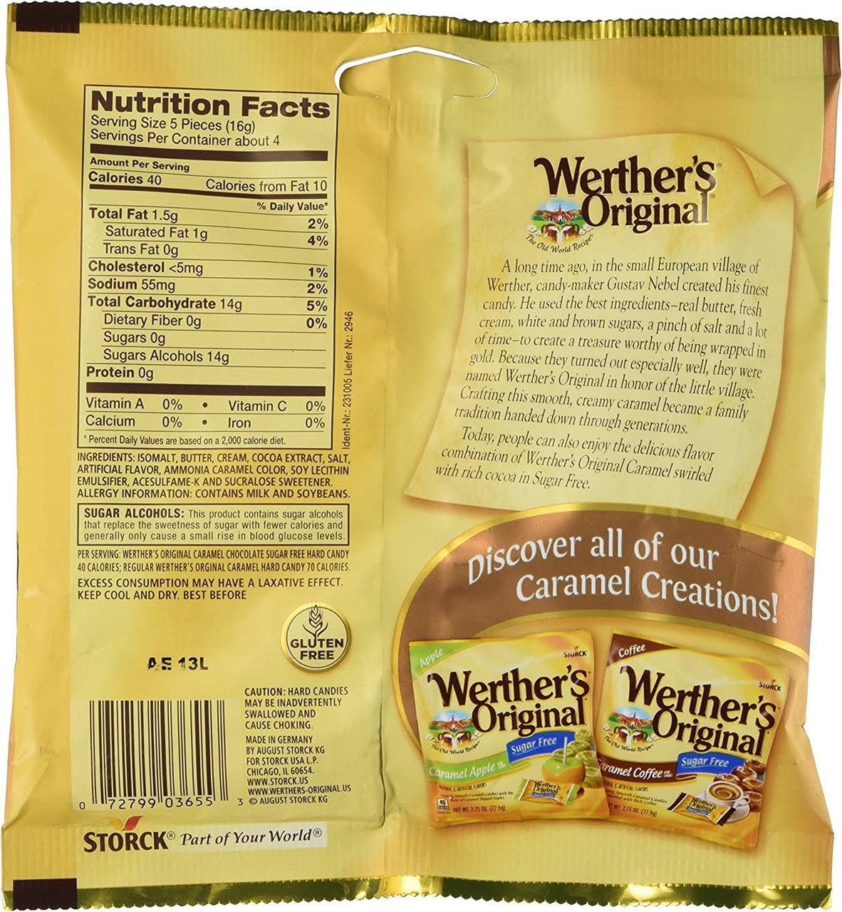 Werther's No Sugar Added Caramel Chocolate Flavored Hard Candies, 60g/2.1 oz. Bag {Imported from Canada}
