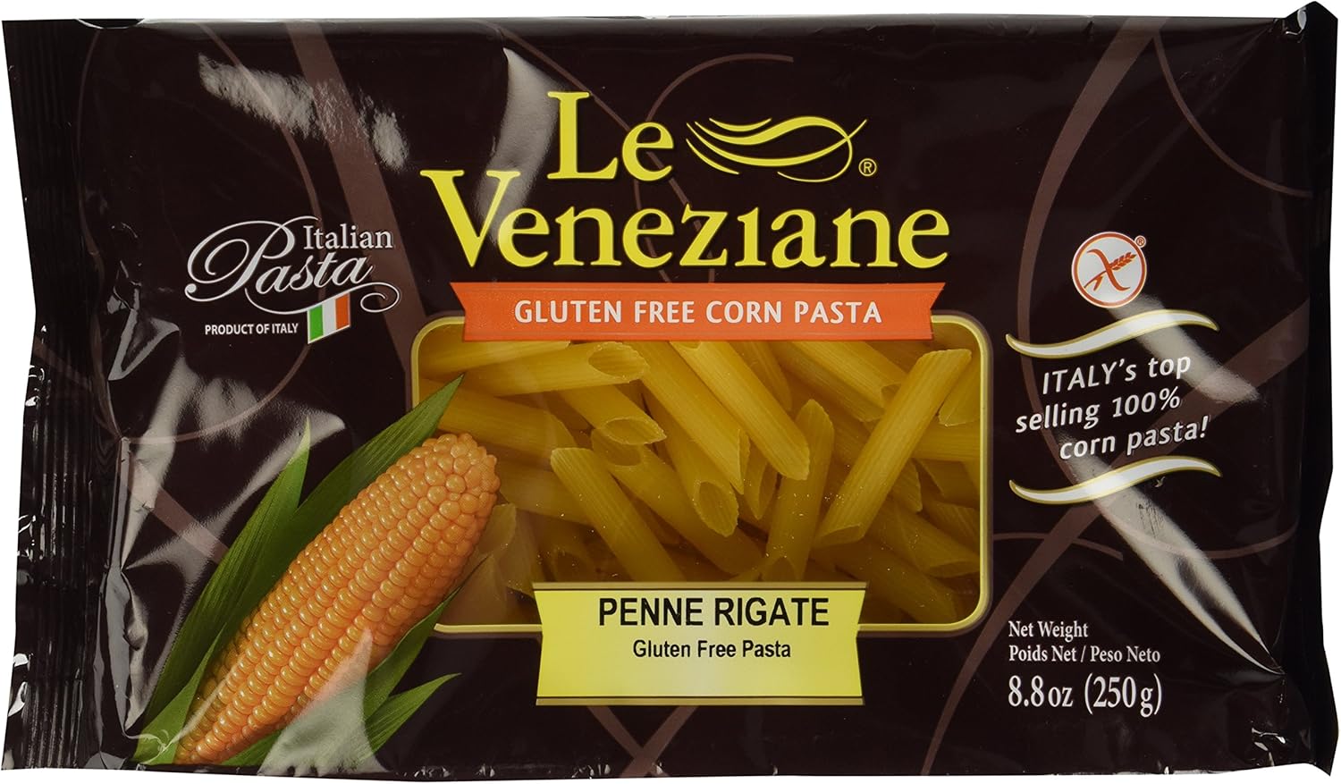 Le Veneziane Gluten Free 100% Corn Penne Rigatte Pasta, 250g/8.8 oz. Package, front of package.