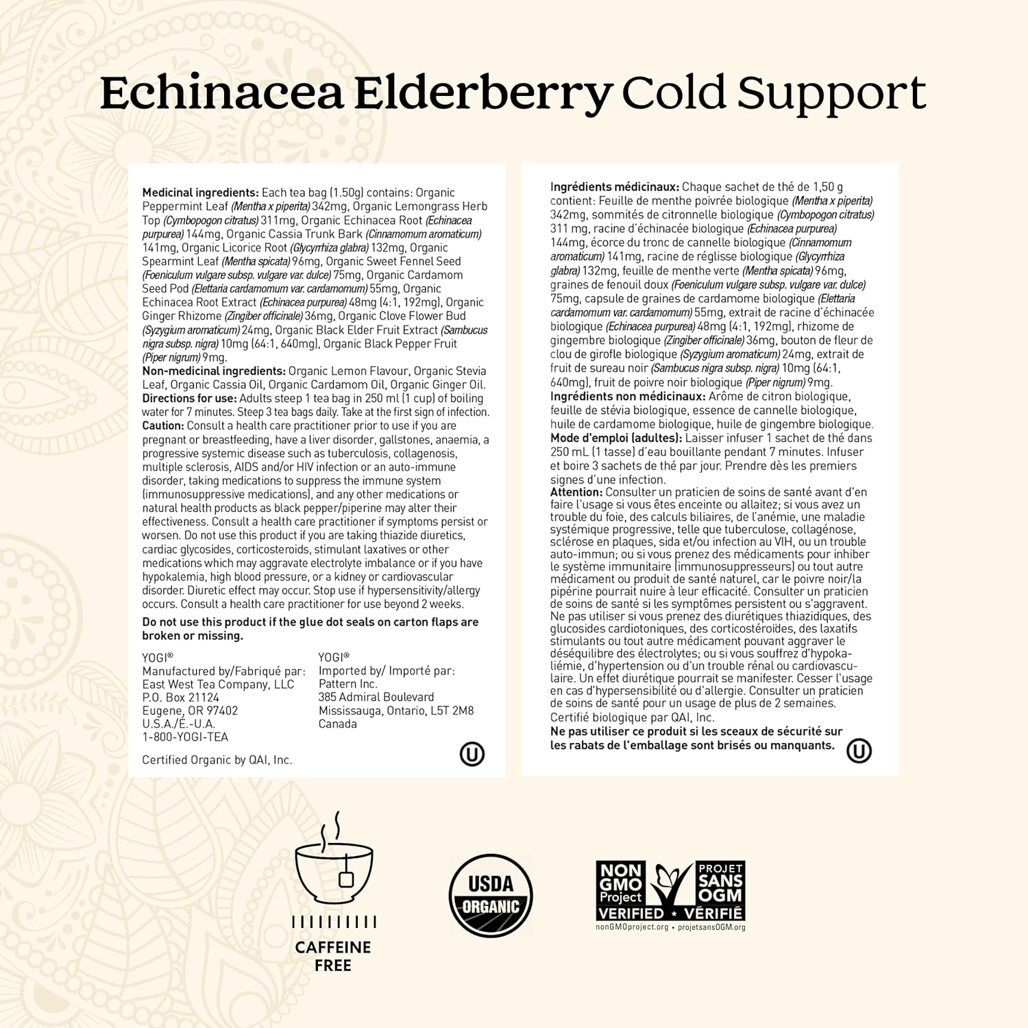 Yogi Echinacea Elderberry Cold Support Herbal Tea, 16 Bags, 24g/0.8 oz. - Medicinal Ingredients