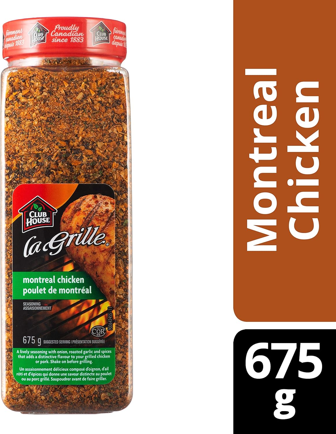 Jar of Club House La Grille Montreal Chicken seasoning on a white background