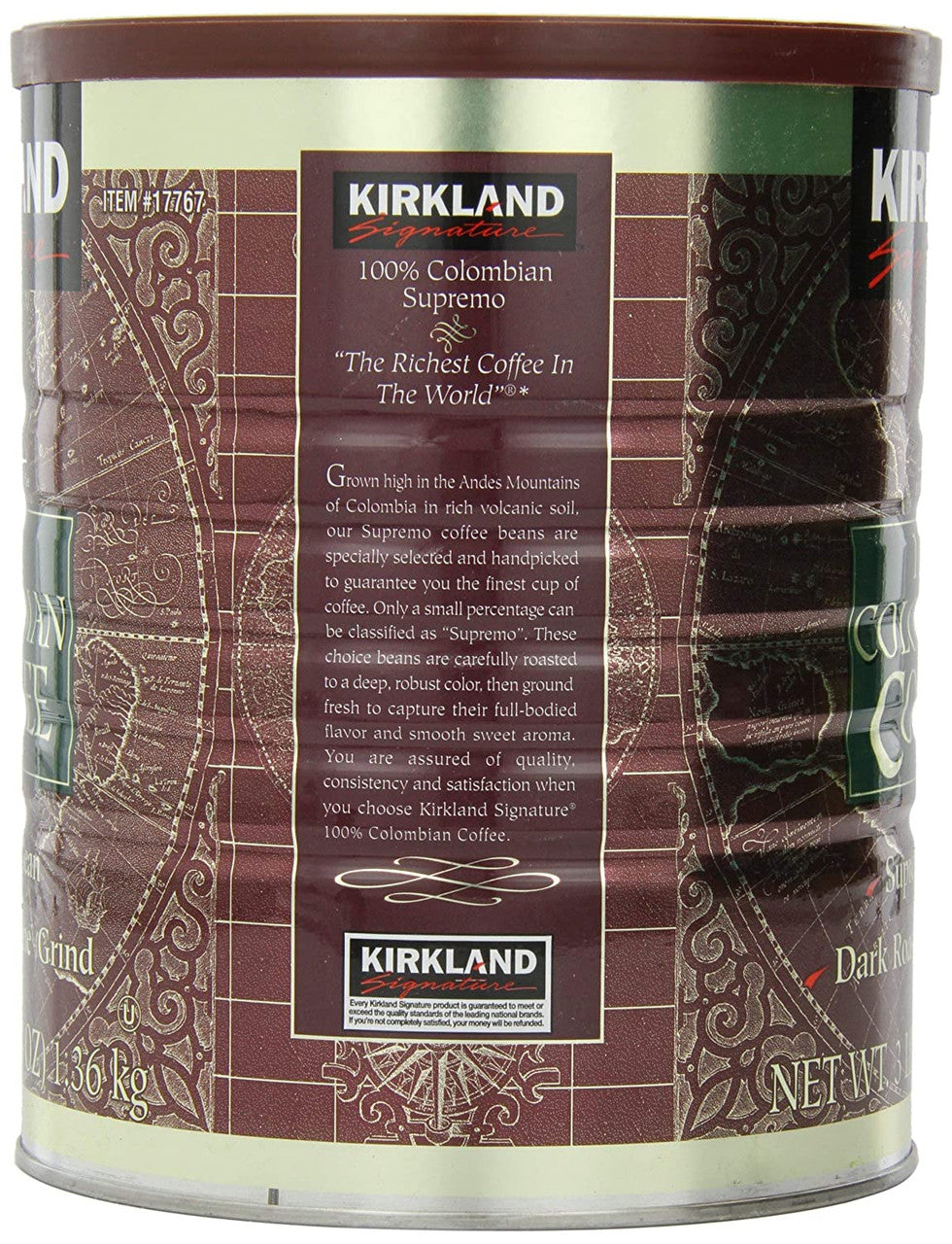 Kirkland 100% Colombian Supremo Dark Roast-Fine Grind Coffee 3lb. Can