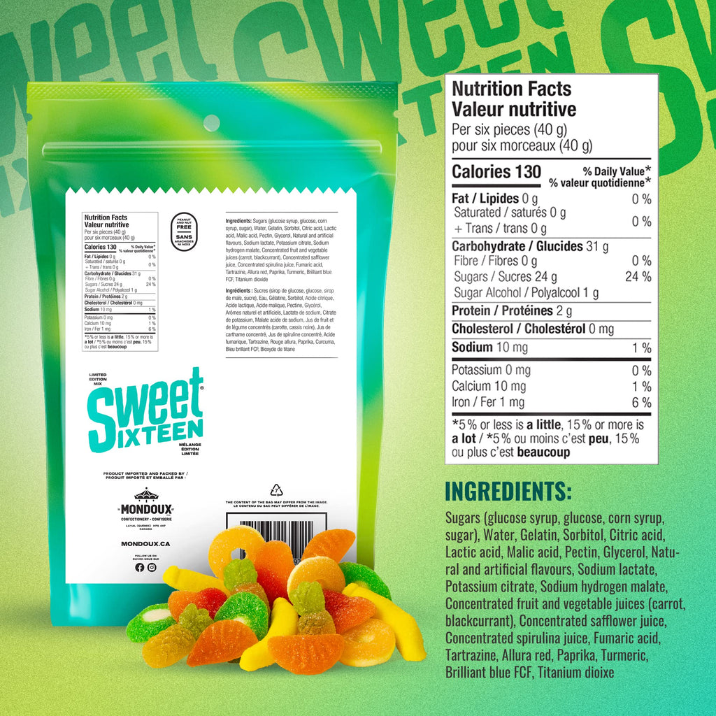 Mondoux Sweet Sixteen Tropical Mix Gummy Candies, 400g/14.1 oz., Bag, nutrition facts and ingredients label.