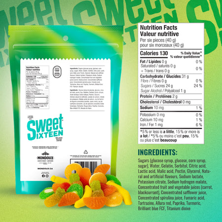 Mondoux Sweet Sixteen Tropical Mix Gummy Candies, 400g/14.1 oz., Bag, nutrition facts and ingredients label.