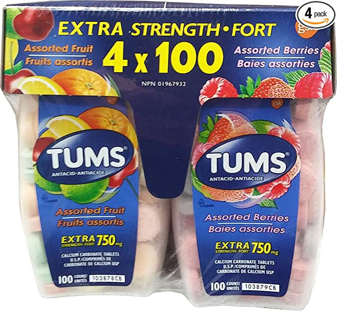 Tums Extra Strength 750mg Calcium Carbonate 100 pcs, 4pk {Imported from Canada}