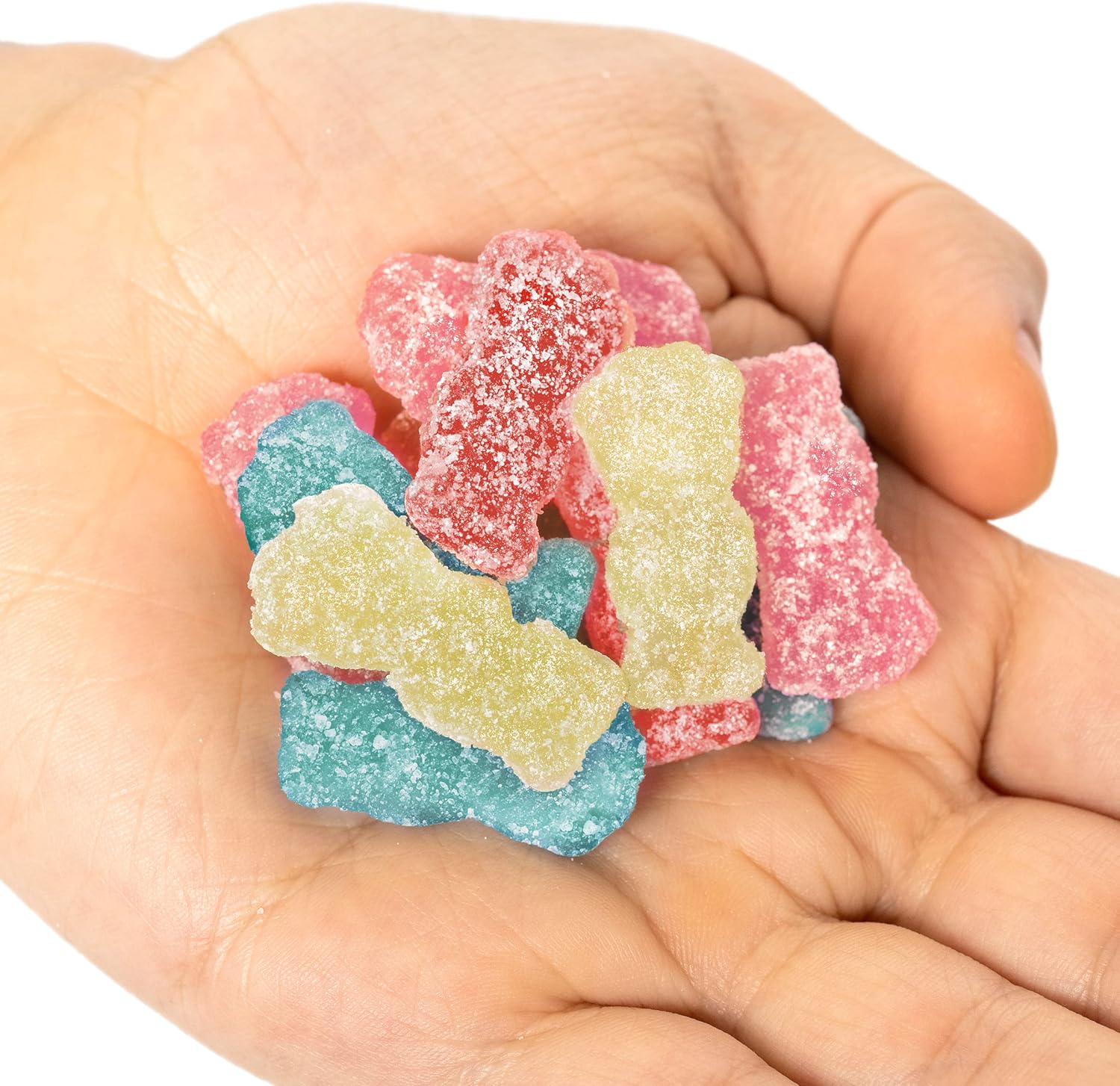 Maynards Sour Patch Kids Candy, Lemonade, 150g/5.3 oz., gummies on a hand.