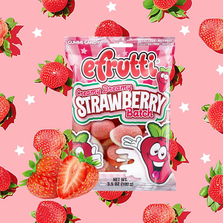 Efrutti Creamy Dreamy Strawberry Batch Gummy Candy, 100g, front of bag with strawberry wallpaper.