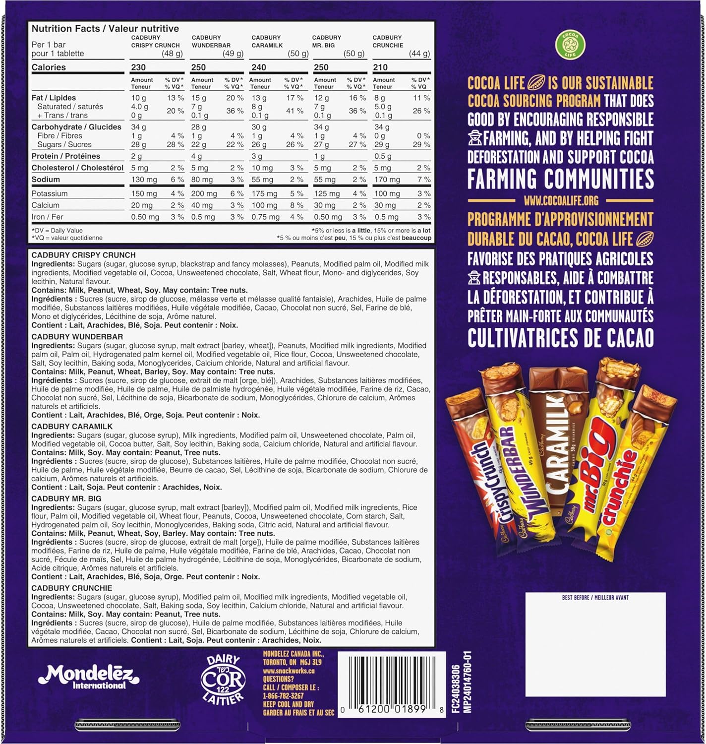 Cadbury 18 Full Size Chocolate Bars Variety Pack - 880g packaging with nutritional information and branding details.