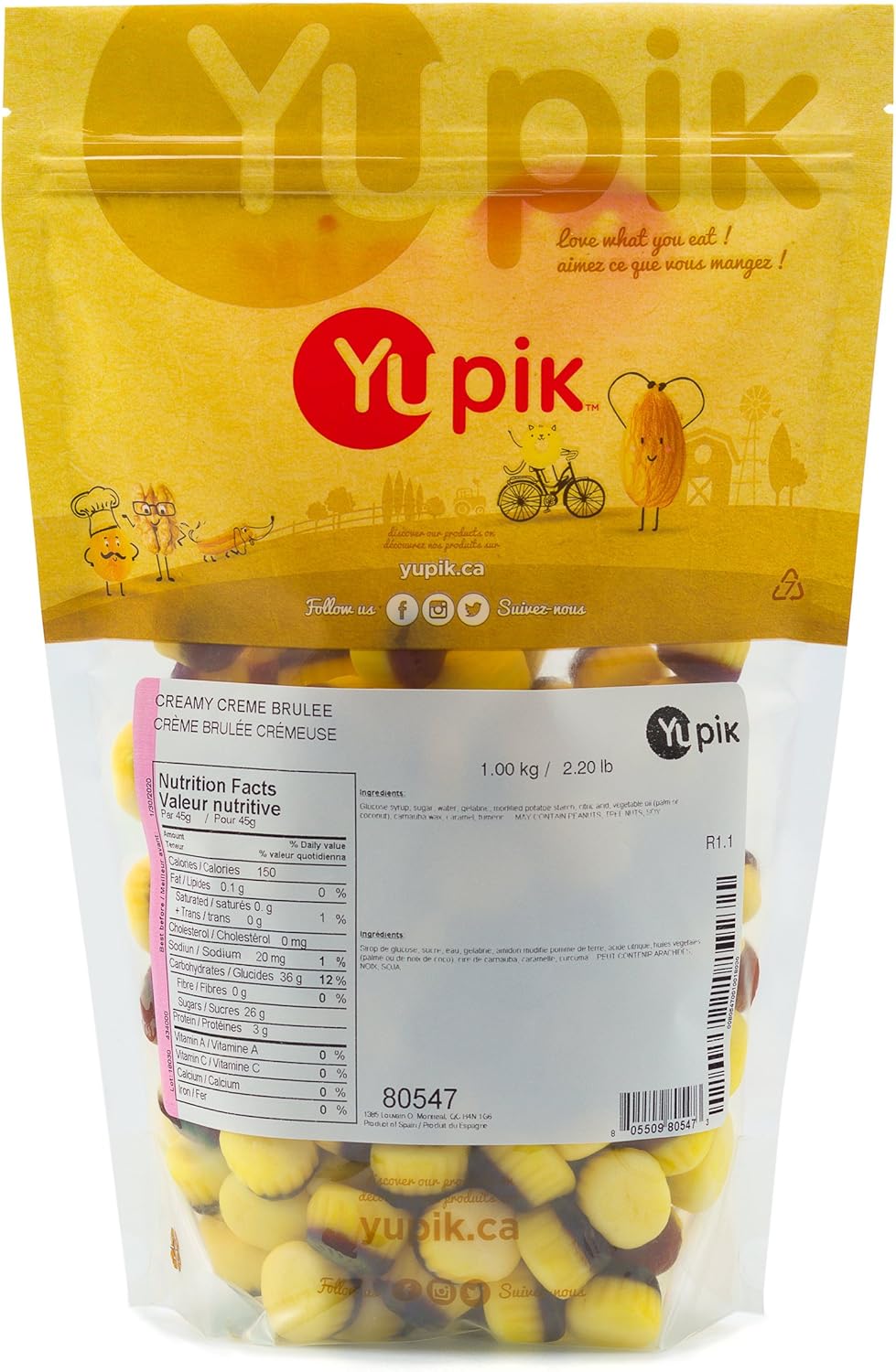 Yupik Creamy Creme Brulee Gummies 1kg, back of bag.