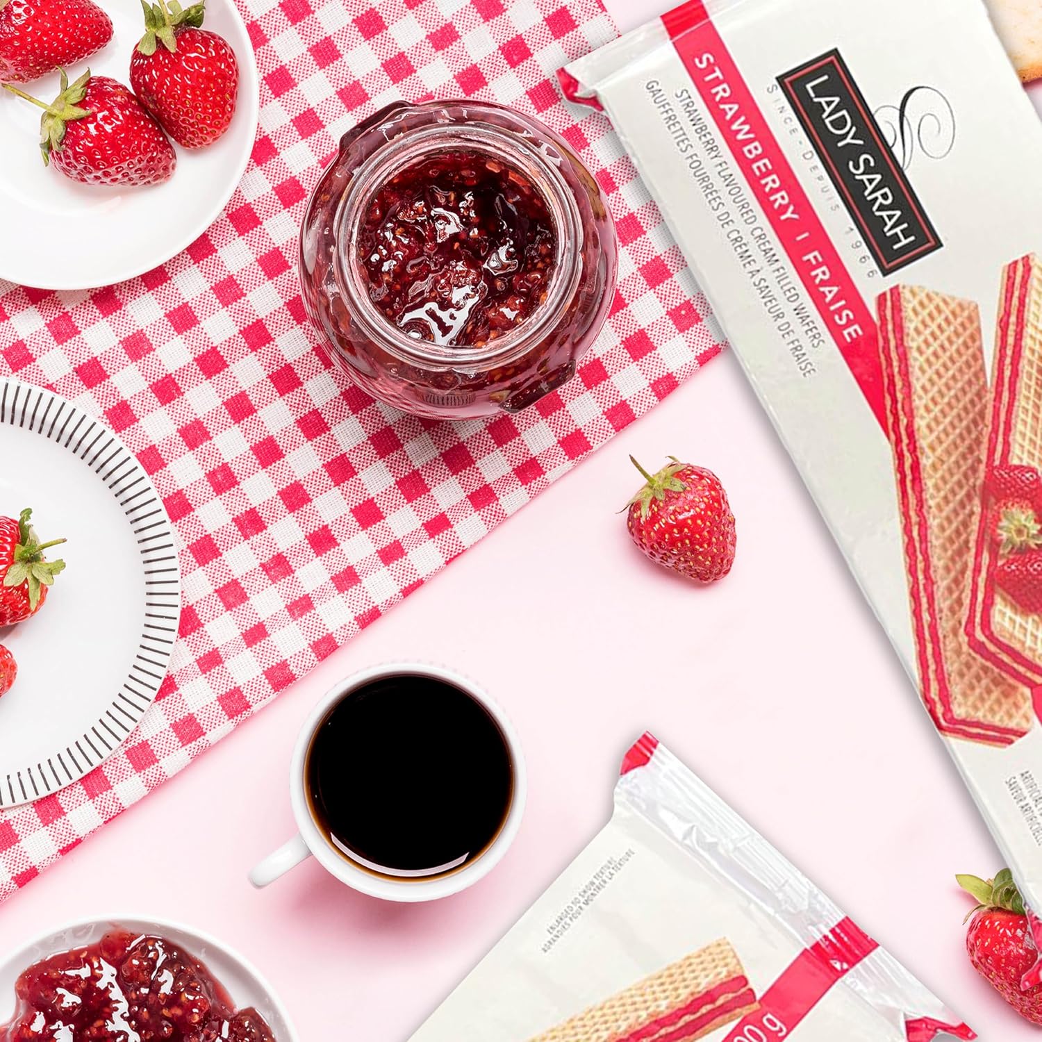 Lady Sarah Strawberry Flavored Cream Filled Wafers, 200g, strawberry wafers on a table.