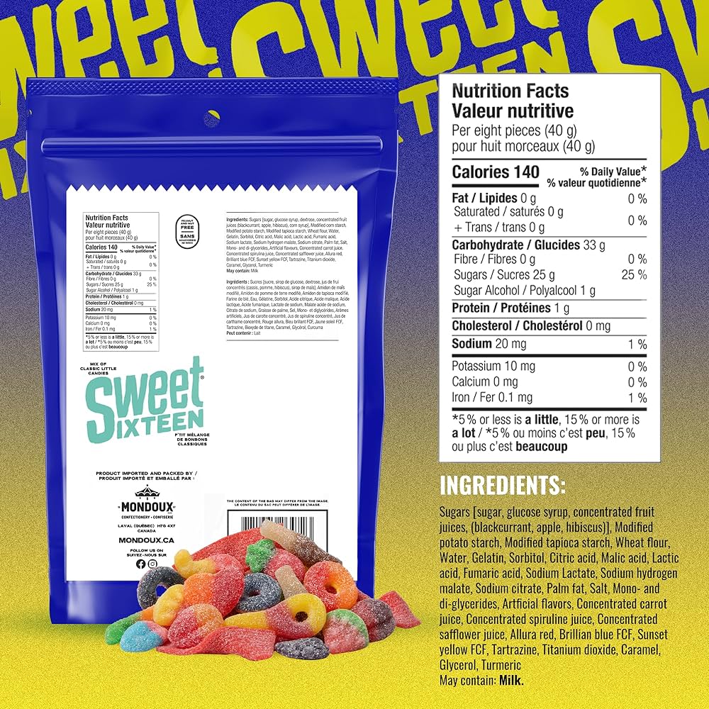 Mondoux sweet Sixteen, Sweet And Sour Gummies, 400g, Picture of candy bag with ingredients and nutrition label.