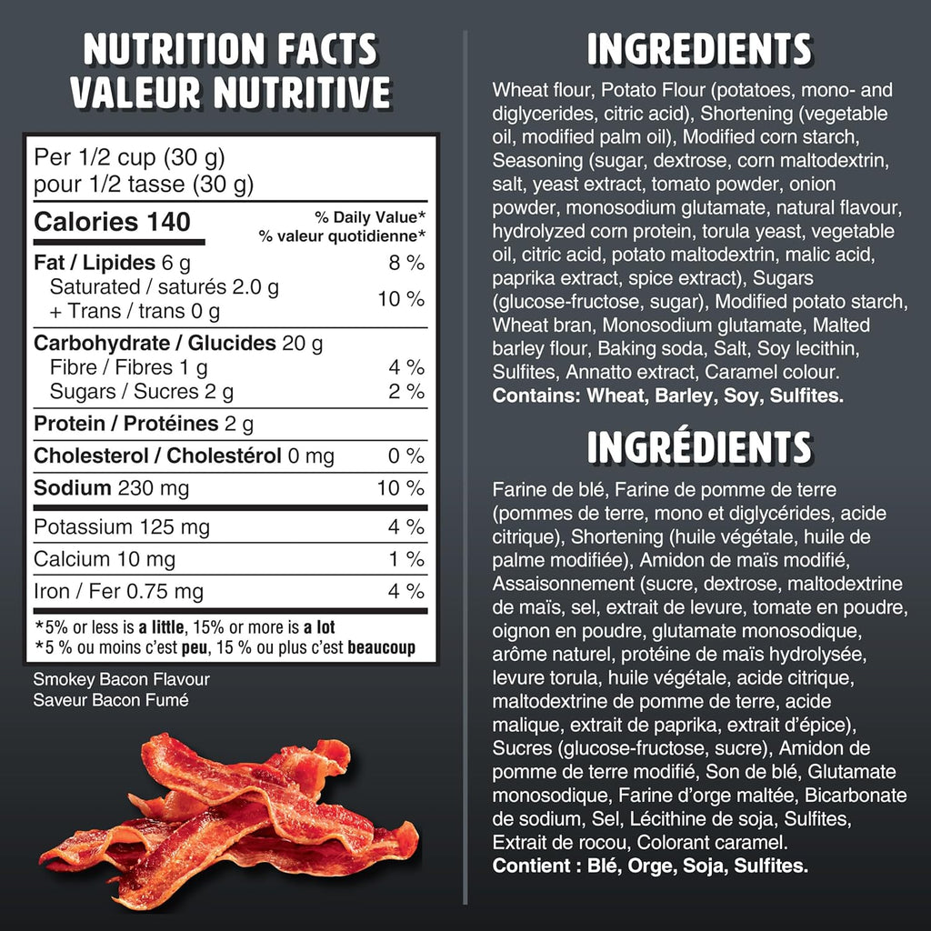 Christie Crispers Smokey Bacon Flavored Crackers 145g/5.1 oz., Bag, nutrition facts and ingredients label.