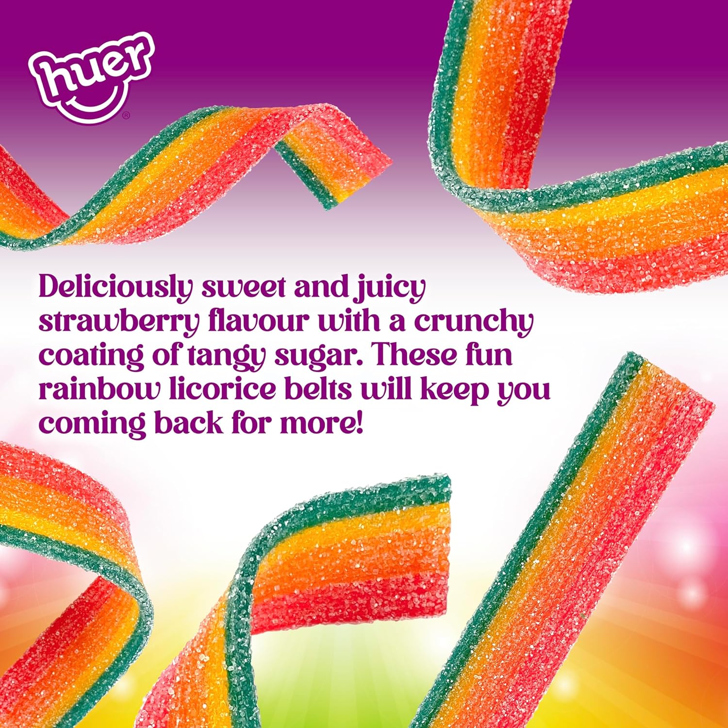 Huer Sour Rainbow Steamers Gummy Candy, 70g/2.5 oz., sour rainbow streamers label.