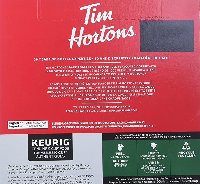 Tim Horton's Dark Roast Coffee, 48 Count K-cups {Imported from Canada}