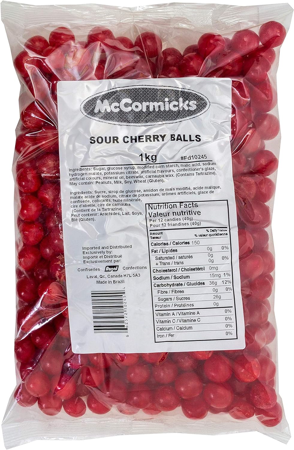 McCormicks Sour Cherry Balls, Bulk Candy, 1kg, front of bag.