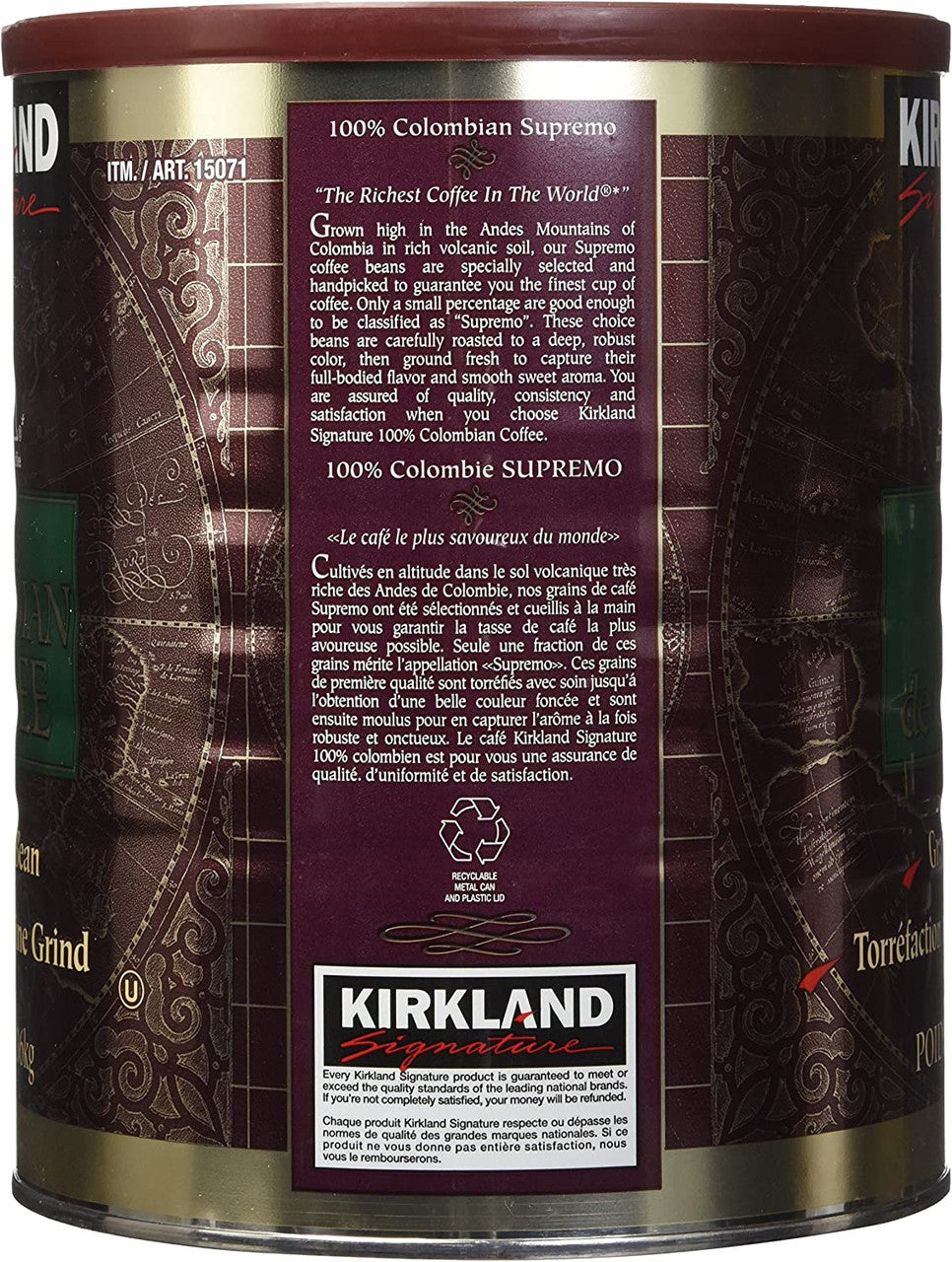 Kirkland 100% Colombian Supremo Dark Roast-Fine Grind Coffee 3lb. Can