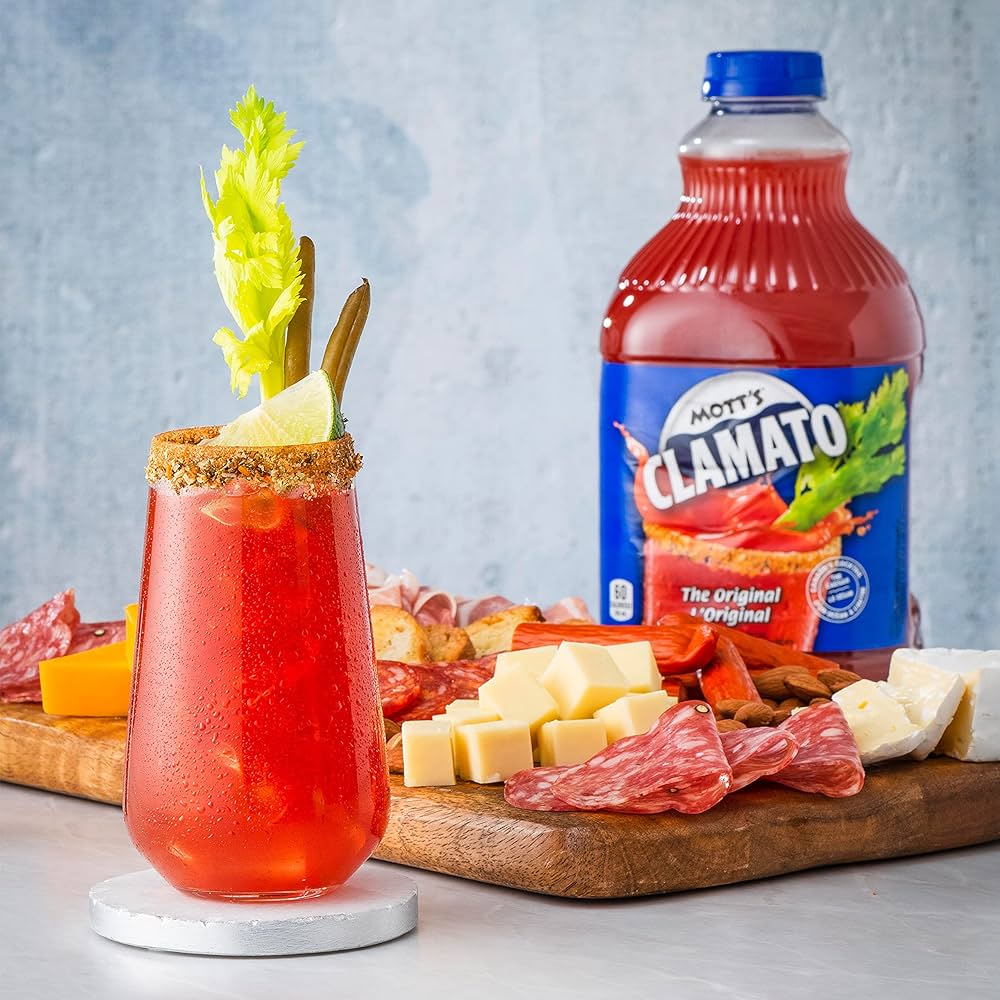 Mott's Clamato Juice, The Original, 945ml/32 oz. Bottle, picture of ceasar drink.