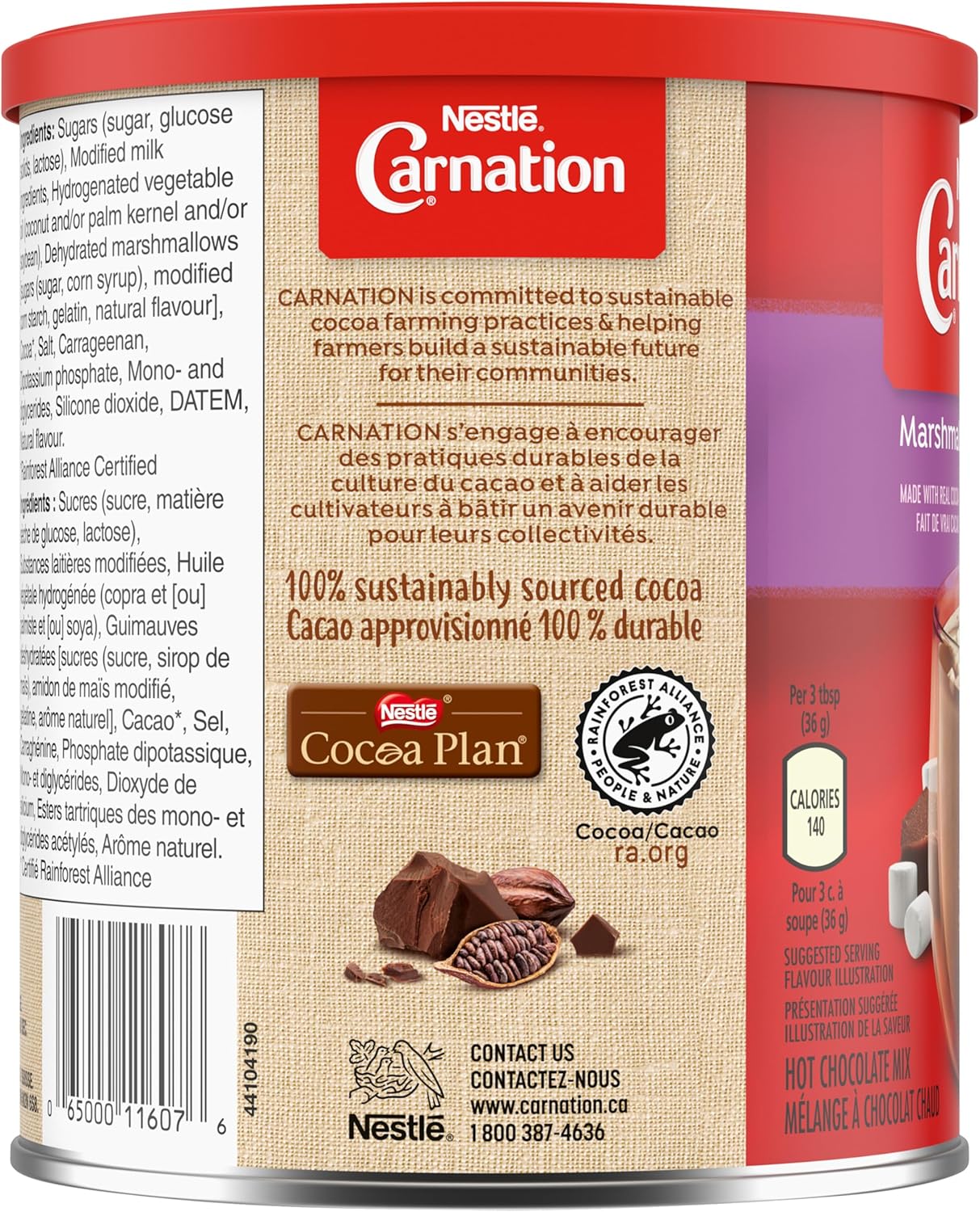 Nestle Carnation Hot Chocolate Marshmallow Drink Mix container with red and beige design